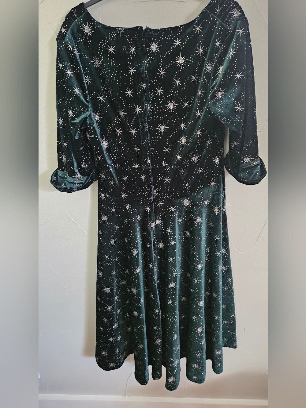Unique Vintage Delores Velvet Celestial Swing Dress Green Silver Stars XL 14 - Picture 2 of 14